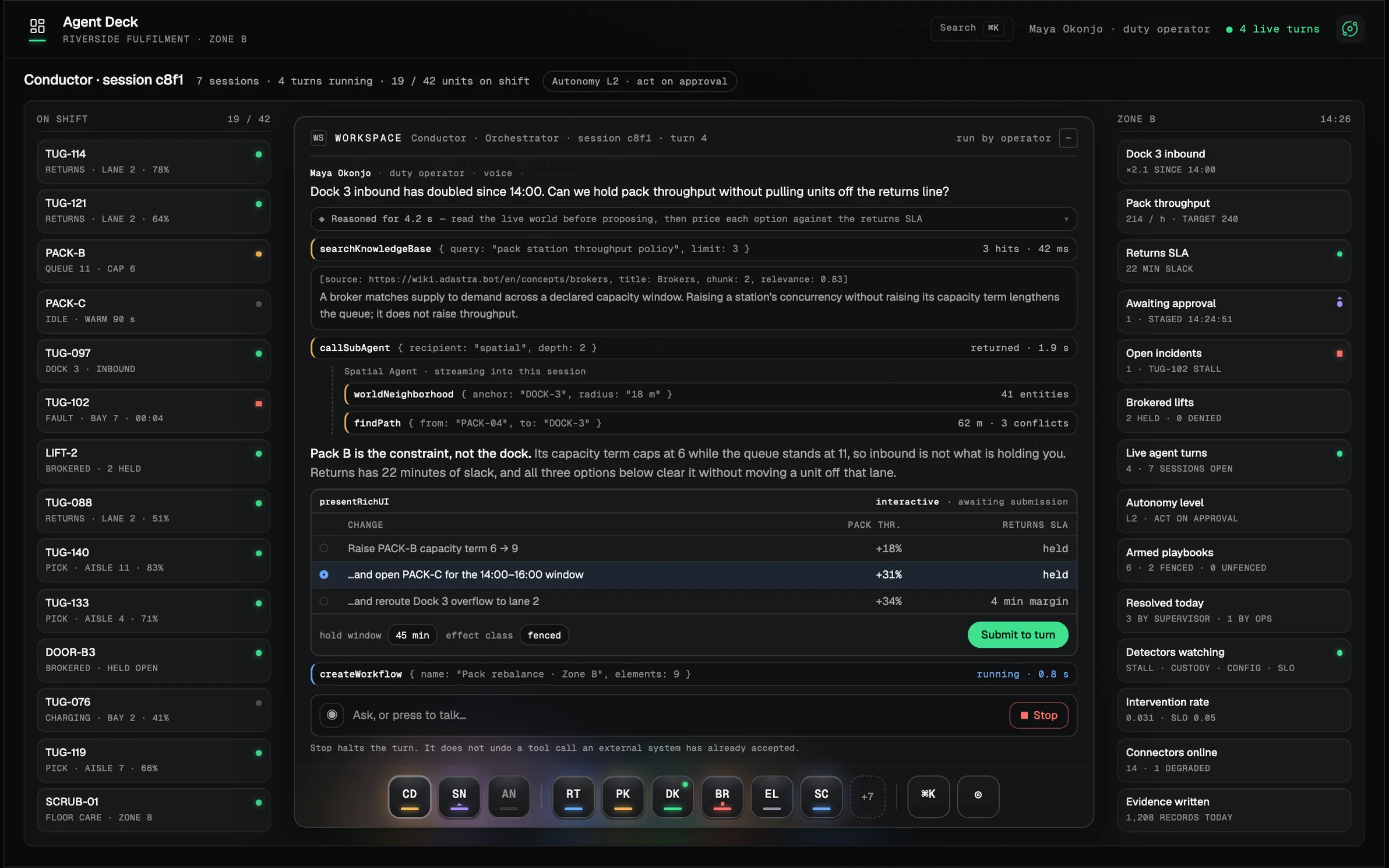 Illustrative Agent Deck: a dock of live agents under an open working transcript with tool calls, citations and an interactive surface.