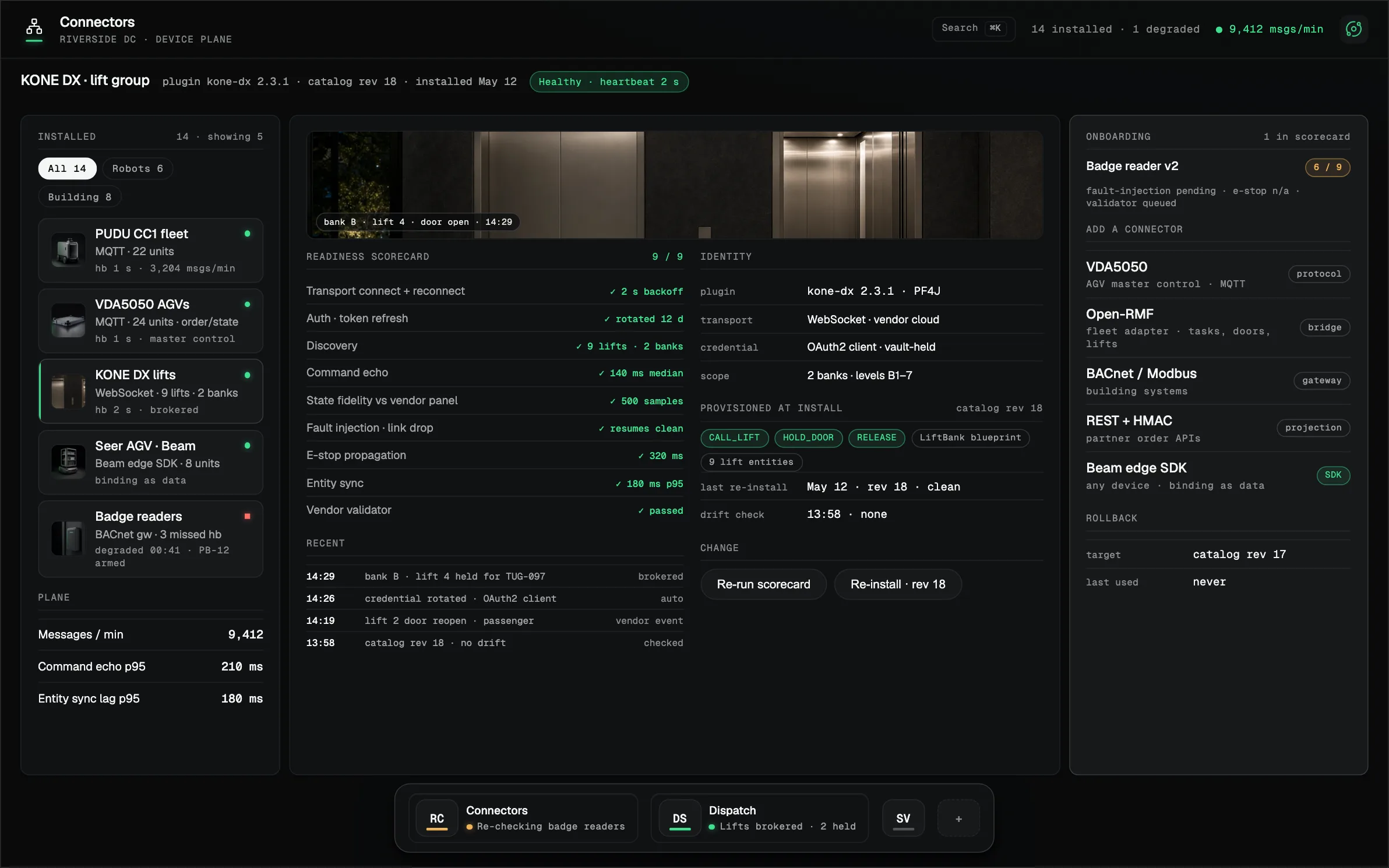 Illustrative Connectors console: a vendor plugin installed against live readiness checks, with machines and building systems on one plane.