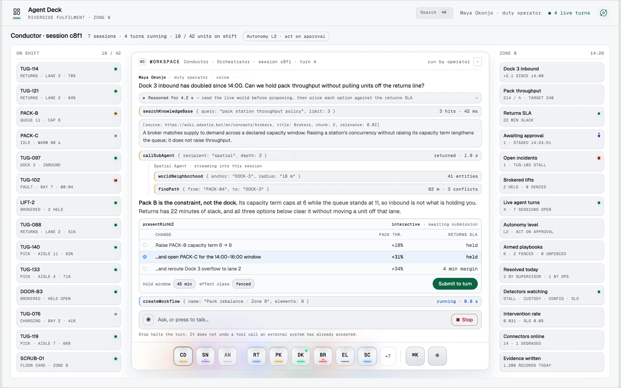 Illustrative Agent Deck: a dock of live agents under an open working transcript with tool calls, citations and an interactive surface.