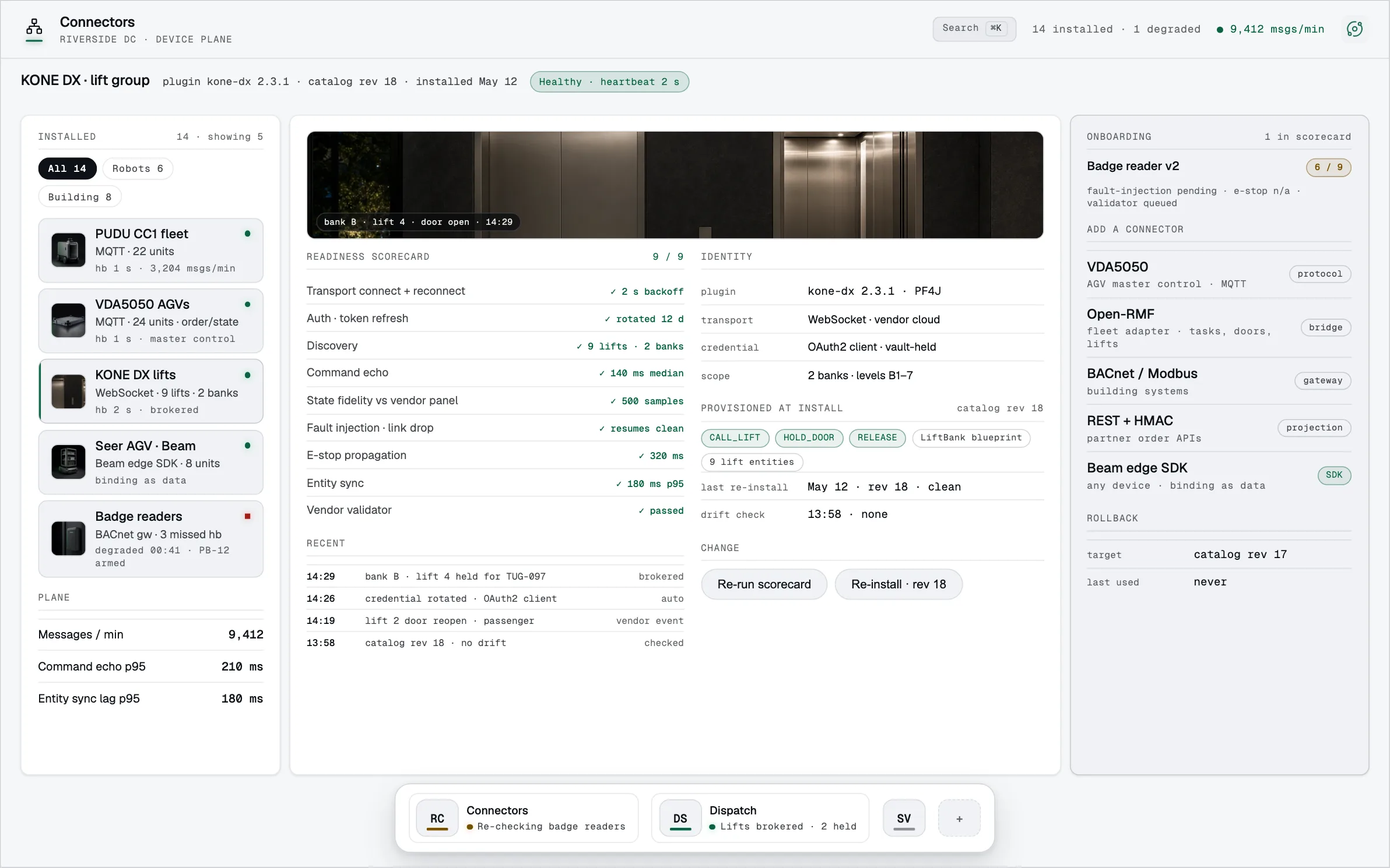Illustrative Connectors console: a vendor plugin installed against live readiness checks, with machines and building systems on one plane.