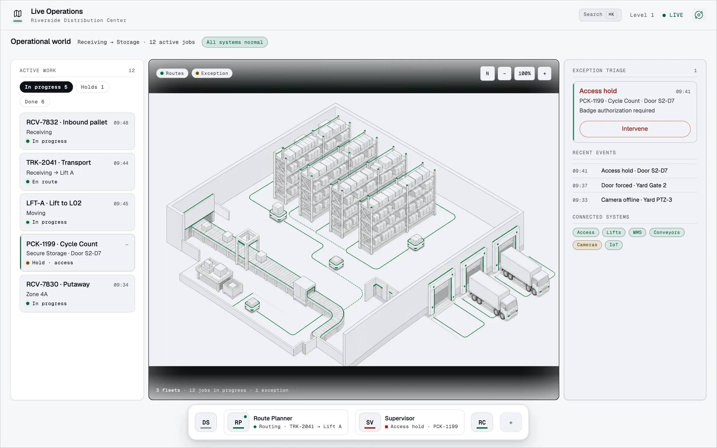 Illustrative Live Operations console: an operational map with active work and exception triage.
