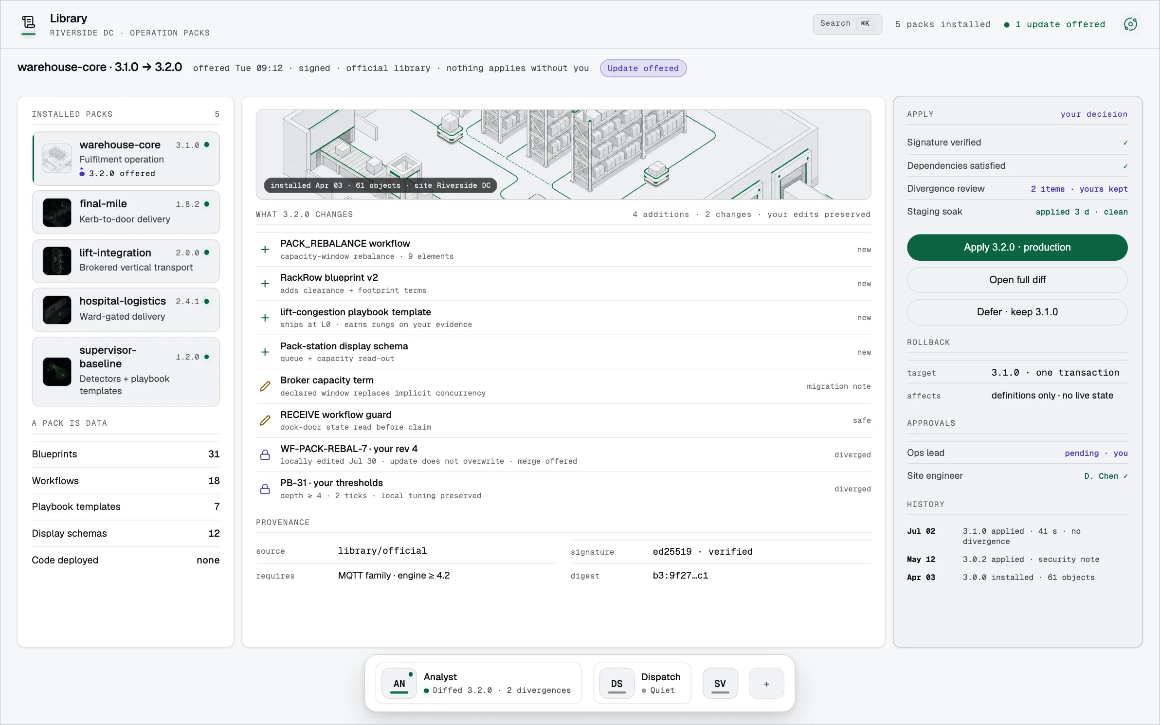 Illustrative Pack Library console: a scenario pack upgrade with its skills diff, approvals, and rollback target in view.