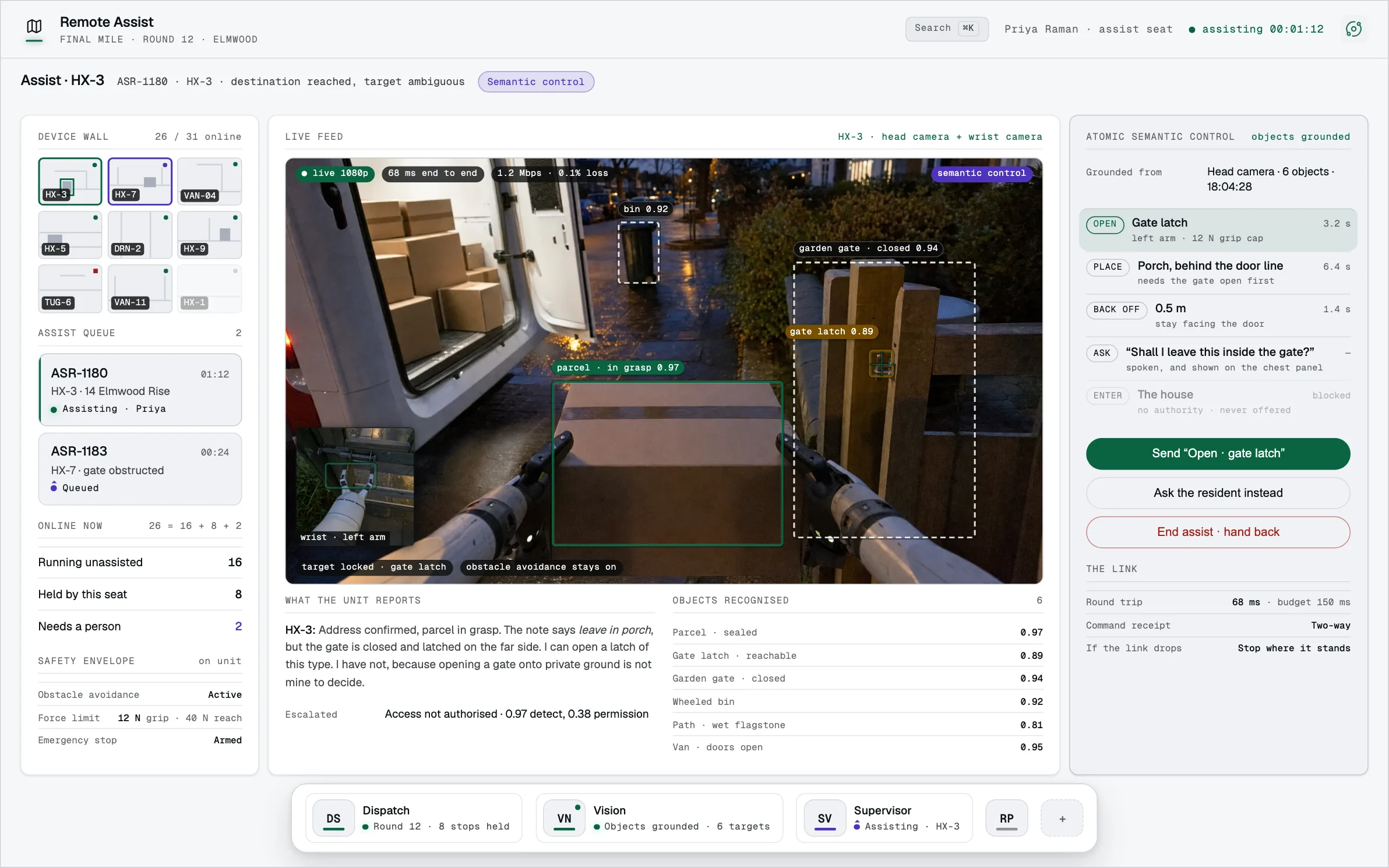 Illustrative Remote Assist seat: a device wall, a live head-camera feed with recognised objects named on it, and action-and-object commands.