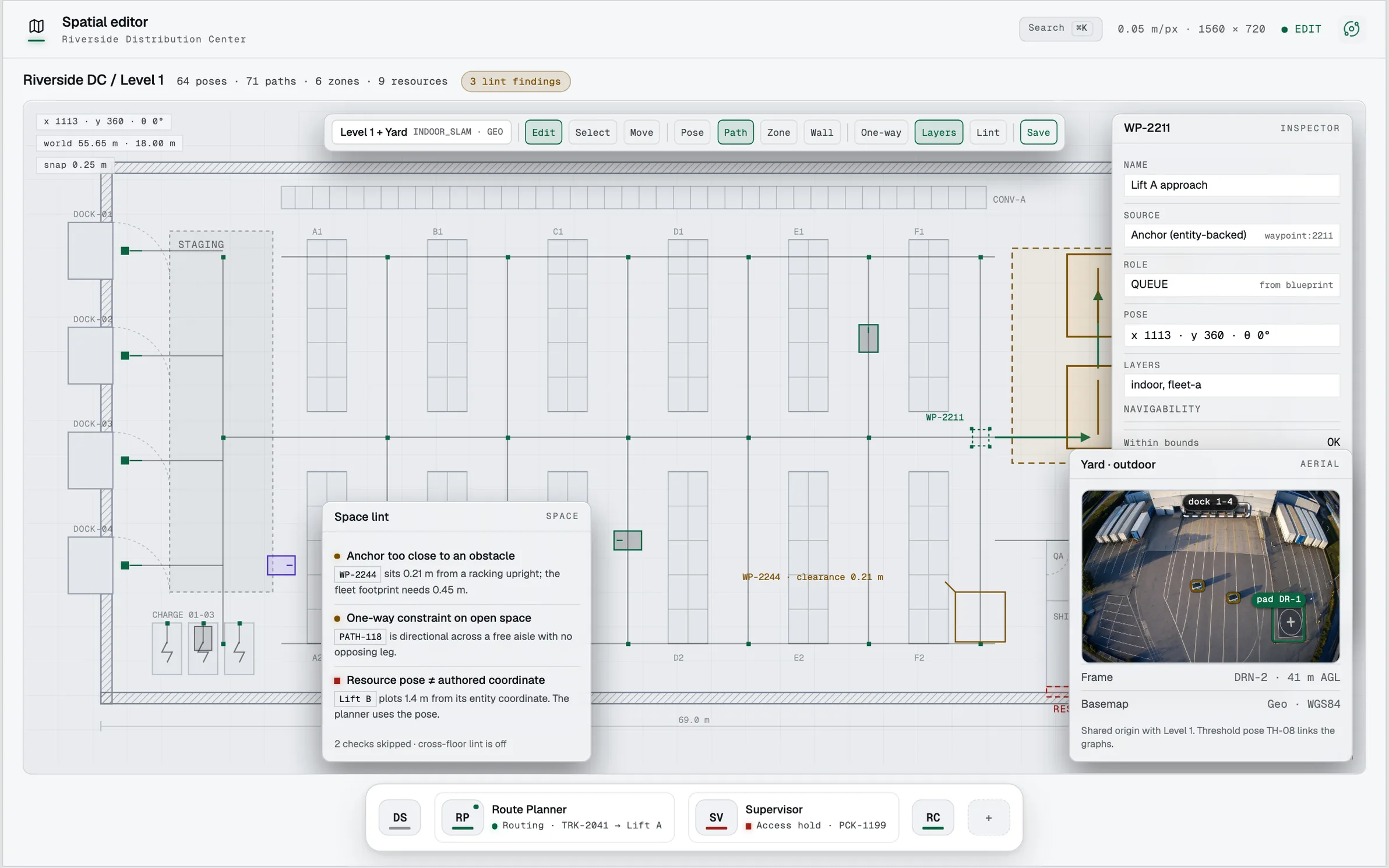 Illustrative Spatial editor: a floor plan authored as poses, routes, zones, and resources, with lint findings and a navigability read-out.