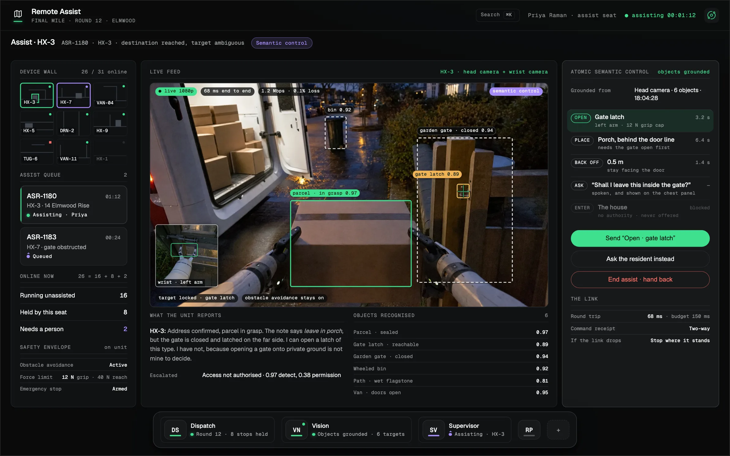 Illustrative Remote Assist seat: a device wall, a live head-camera feed with recognised objects named on it, and action-and-object commands.